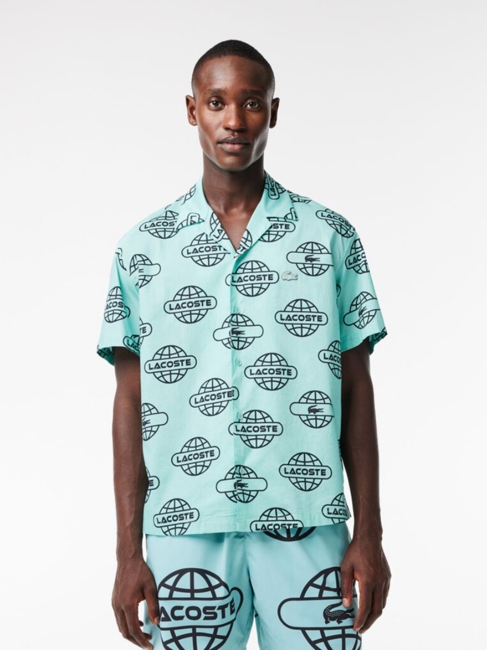 Lacoste Globe Print Lacoste Cotton Twill Shirt‎ Pastel Blue Graphic Print Retro